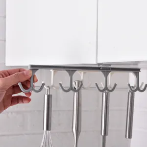 Versatile grey under-cabinet no-drill hook rack for organized kitchen utensil storage