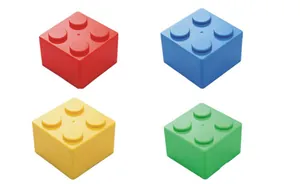 Colorful 2x2 brick style stackable storage containers in red, blue, yellow, and green.