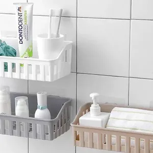 Multi-color wall-mounted plastic bathroom storage shelf set with no-drill adhesive hooks