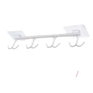 White nail-free wall row hook rack with adhesive pads for kitchen cabinet storage