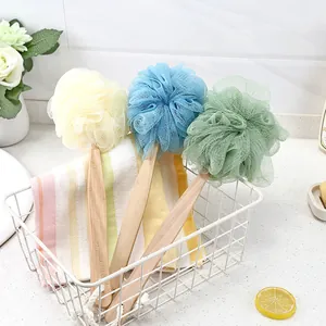 Long Handle Bathing Ball Shower Brush For Body Back Exfoliating Nylon Mesh Sponge With Wood Handle Hanging Rope For Home Bathroom