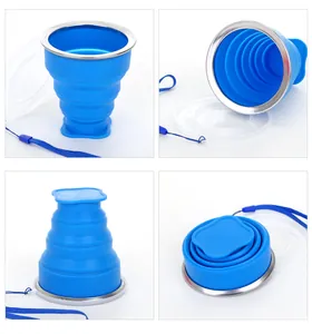 Vista detallada que muestra la taza de viaje de silicona azul plegable en varios estados