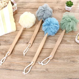 Long-handled mesh bath sponge loofah back scrubber for shower in soft pastel colors