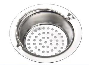 Detail view of a stainless steel sink strainer with handle and perforated basket