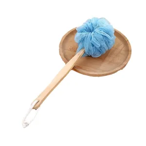 Long-handled bath loofah back scrubber brush with soft blue mesh sponge for shower