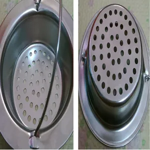 Detail view showing top and bottom of stainless steel sink drain strainer with handle