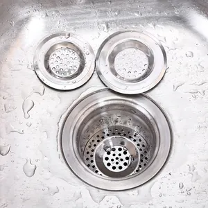 Three different sized stainless steel kitchen sink strainers for efficient drain filtration