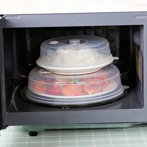 Clear stackable microwave food covers for heating and refrigerator storage sealing.