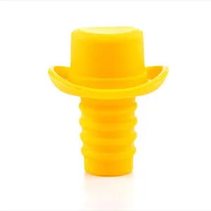 Yellow cowboy hat shaped silicone wine bottle stopper with airtight ribbed seal design