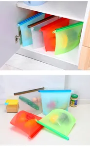 Detailed view of 1500ML reusable silicone food storage bags used for fridge organization
