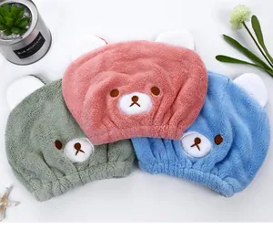 Set of three soft absorbent hair drying caps with cute embroidered bear faces for kids