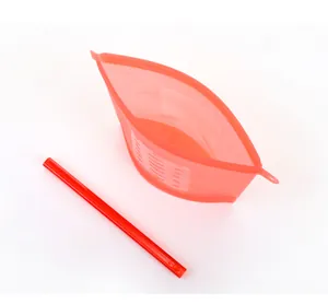 Reusable silicone food storage bag featuring a wide opening and a red sealing stick