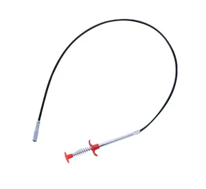 Flexible drain snake pickup tool with red handle shown against a white background