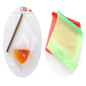 Detail of reusable silicone food storage bags with liquid and sealing sliders