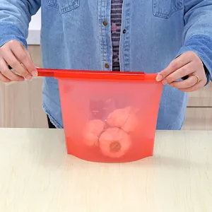 1500ml red reusable silicone food storage bag with sealing bar for kitchen use