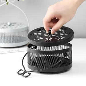Fireproof black iron mosquito coil box with decorative hollow lid and portable handle
