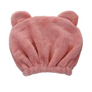 Cute pink microfiber hair drying towel cap with bear ears for children, highly absorbent