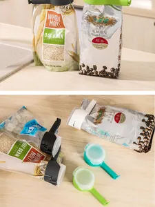 Detailed view of plastic food sealing clips with pour spouts on snack bags