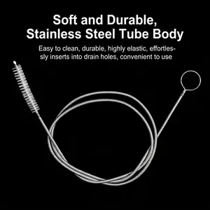 Flexible stainless steel refrigerator drain hole unblocker and cleaning brush tool