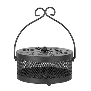 Classical black wrought iron fireproof mosquito coil holder box with decorative lid and handle