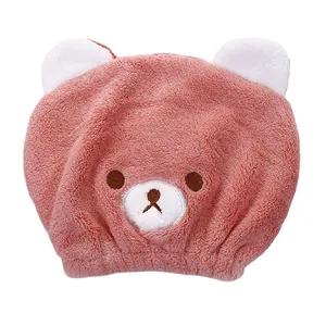 Cute pink animal bear embroidered absorbent microfiber hair drying cap for children