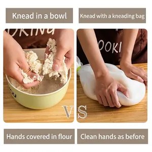 Comparison showing messy hand kneading versus clean dough making with a silicone bag