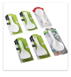 Detailed view of assorted non-stick food-grade PP plastic rice spoons in packaging