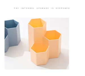 Modern hexagonal 3-compartment desk organizer for pens and makeup brushes storage