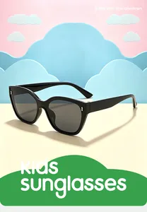 Detailed view of stylish black kids sunglasses against a playful 3D cloud background