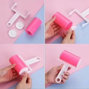 Portable washable pink lint roller set showing assembly steps with white handle