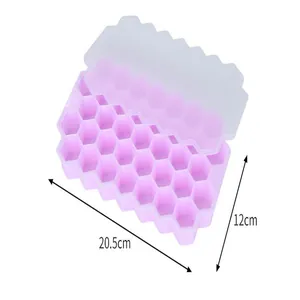 Detailed view of purple silicone honeycomb ice tray with lid showing 20.5cm by 12cm size