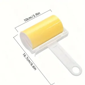 Portable washable lint roller with yellow roll and dimensions 10cm x 16.7cm on white background