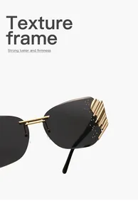 Detailed macro view of rimless sunglasses featuring textured gold frame and rhinestones