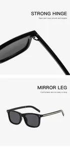 Détails des charnières robustes et des branches sur des lunettes de soleil carrées noires