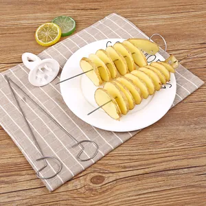 Manual spiral potato slicer set with stainless steel skewers for home kitchen use