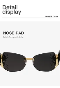 Detailed view showing ergonomic nose pads on these stylish rimless butterfly sunglasses
