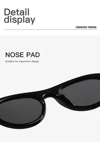 Macro view showing ergonomic nose pad detail on retro black cat-eye sunglasses