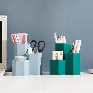 Geometric Hexagon 3 Compartment Pen Holder Stepped Plastic Desktop Organizer For Stationery Makeup Brush Storage Pot