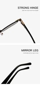 Detail view of strong metal hinge and comfortable black temples of rimless sunglasses