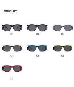 Showcase of various colors for children's hollow curved sports sunglasses in a grid view