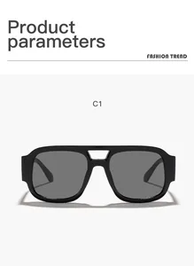 Vista frontal detallada de las gafas de sol de aviador cuadradas negras retro para hombres y mujeres