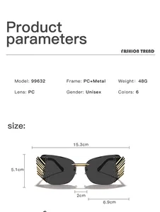Specifications for modern unisex rimless sunglasses with dimensions and frame material details.