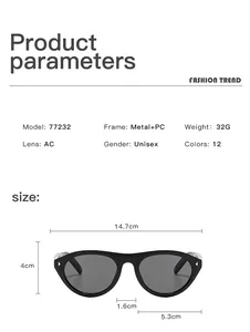 Detailed size chart for retro cat-eye sunglasses with metal rivets and frame measurements