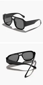 Vista detallada de gafas de sol de aviador cuadradas retro negras desde varios ángulos visuales.