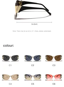 Modern rimless oversized sunglasses with metal wings and dimensions plus six color variants.
