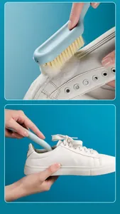 Detailed view of long handle soft bristle brush cleaning a white leather sneaker effectively