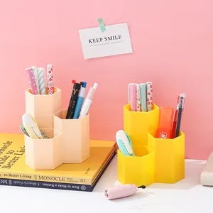 Three-compartment hexagonal desk organizer pen holder for stationery and makeup brush storage