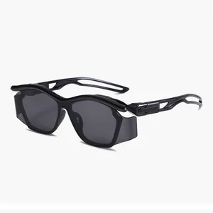Detailed view of black sporty children's sunglasses featuring hollowed temples and side shields