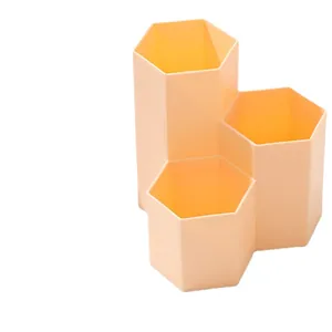 Modern peach orange hexagonal 3-slot desk organizer pen holder for makeup brushes