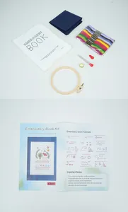 Vue détaillée du kit de broderie DIY avec tissu, cercle, fils et tutoriels de points